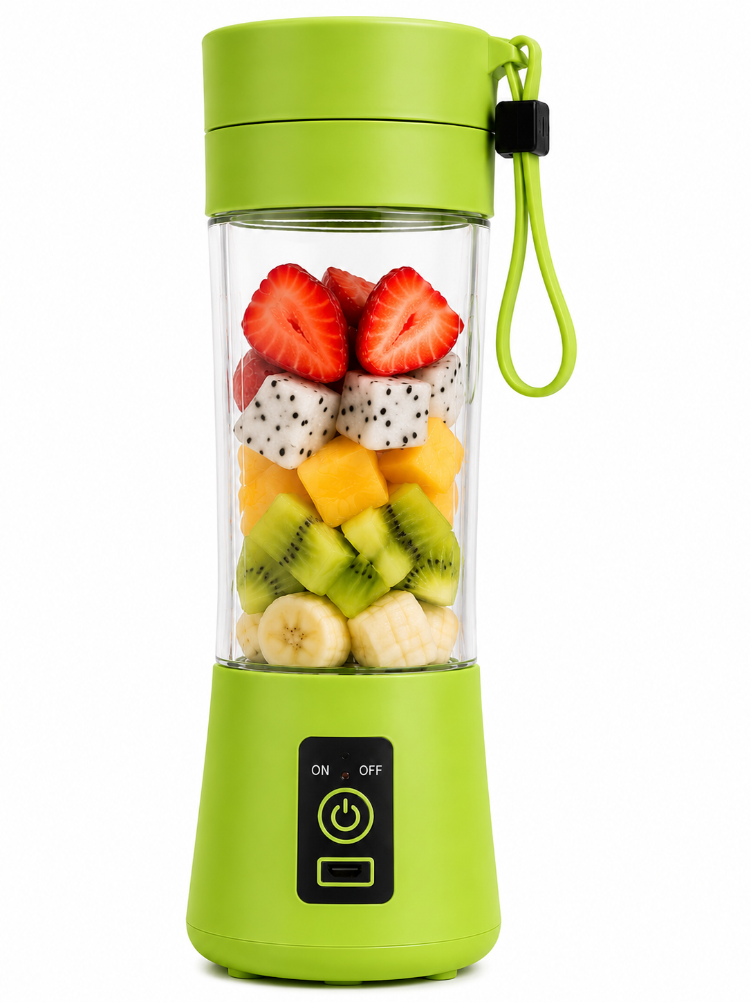 A portable electric blender with a bright lime green base and lid, featuring a clear cup filled with fresh fruit including strawberries, dragon fruit, mango, kiwi, and banana. It has a black control panel on the base and a green carrying loop.