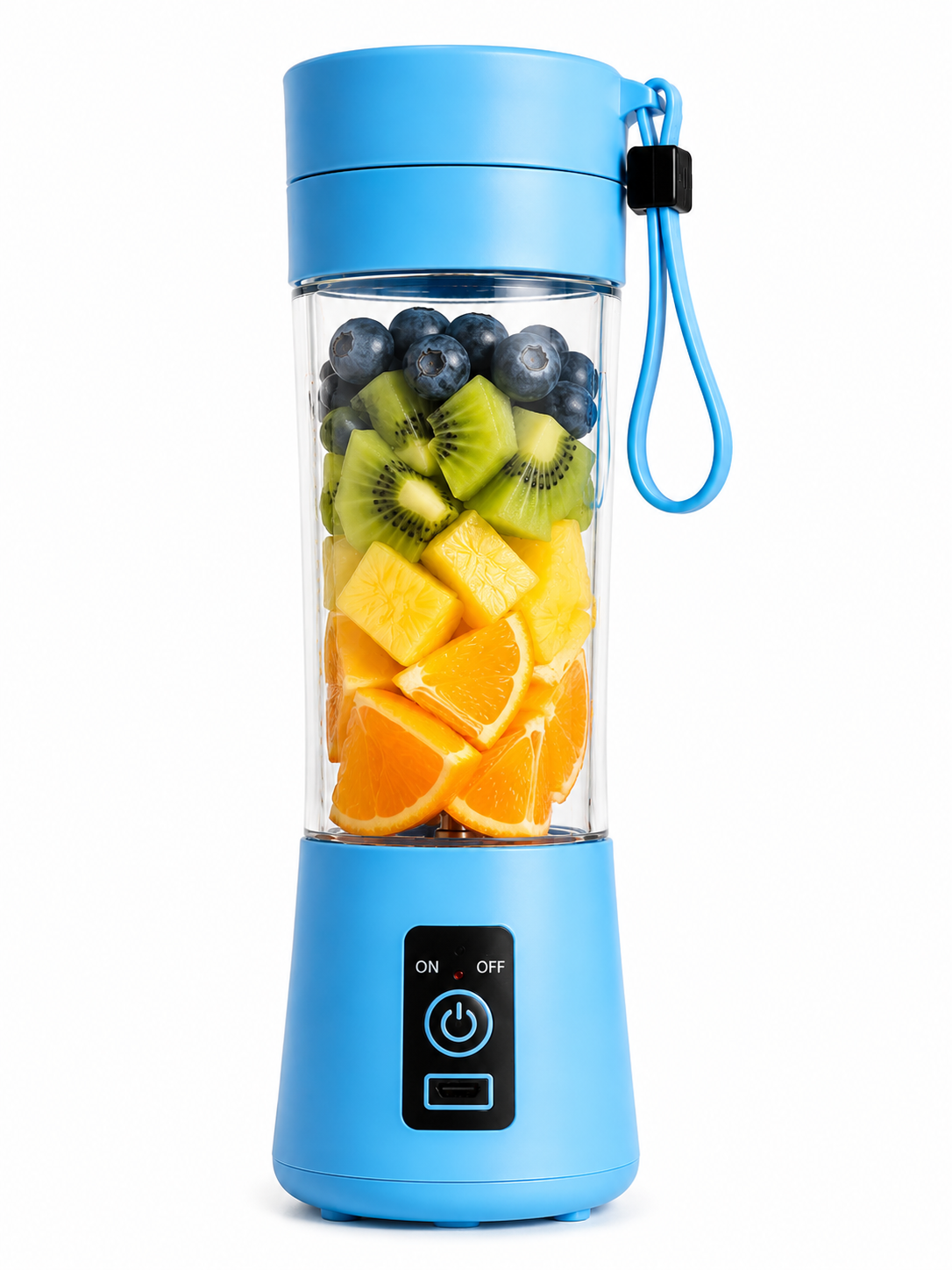 A portable electric blender with a bright blue base and lid, filled with fresh fruit including blueberries, kiwi, and orange slices, shown on a white background.