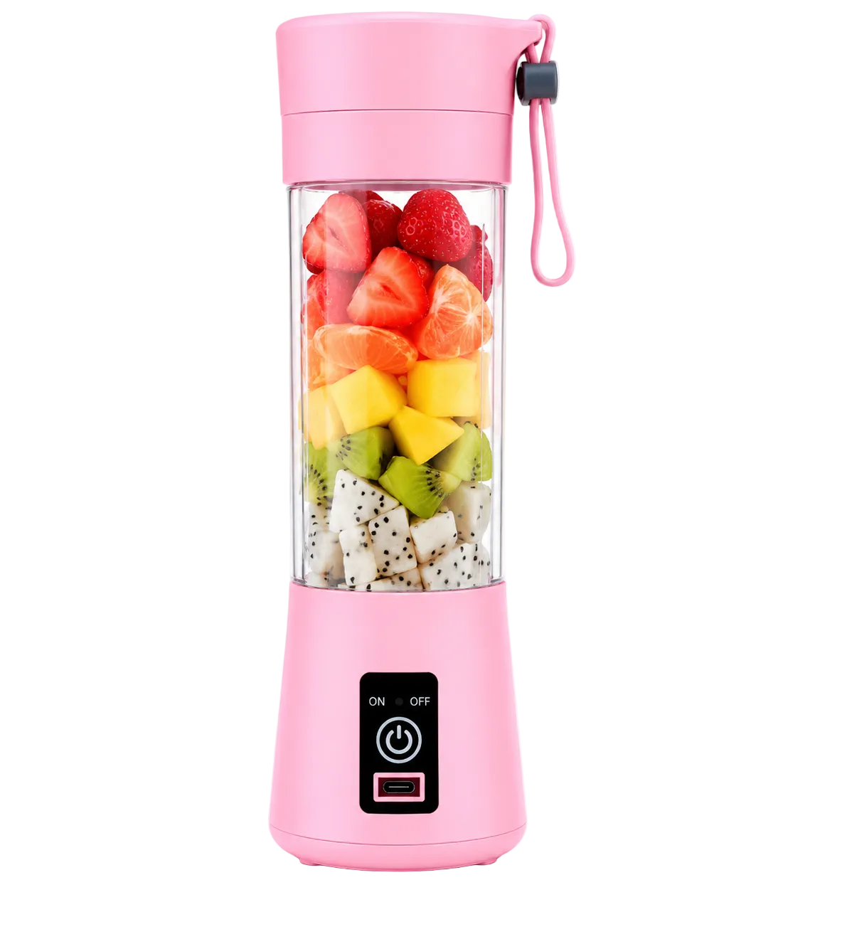 A pink portable electric blender with a clear cup filled with colorful fruit pieces including strawberries, oranges, mango, kiwi, and dragon fruit, shown on a plain white background.